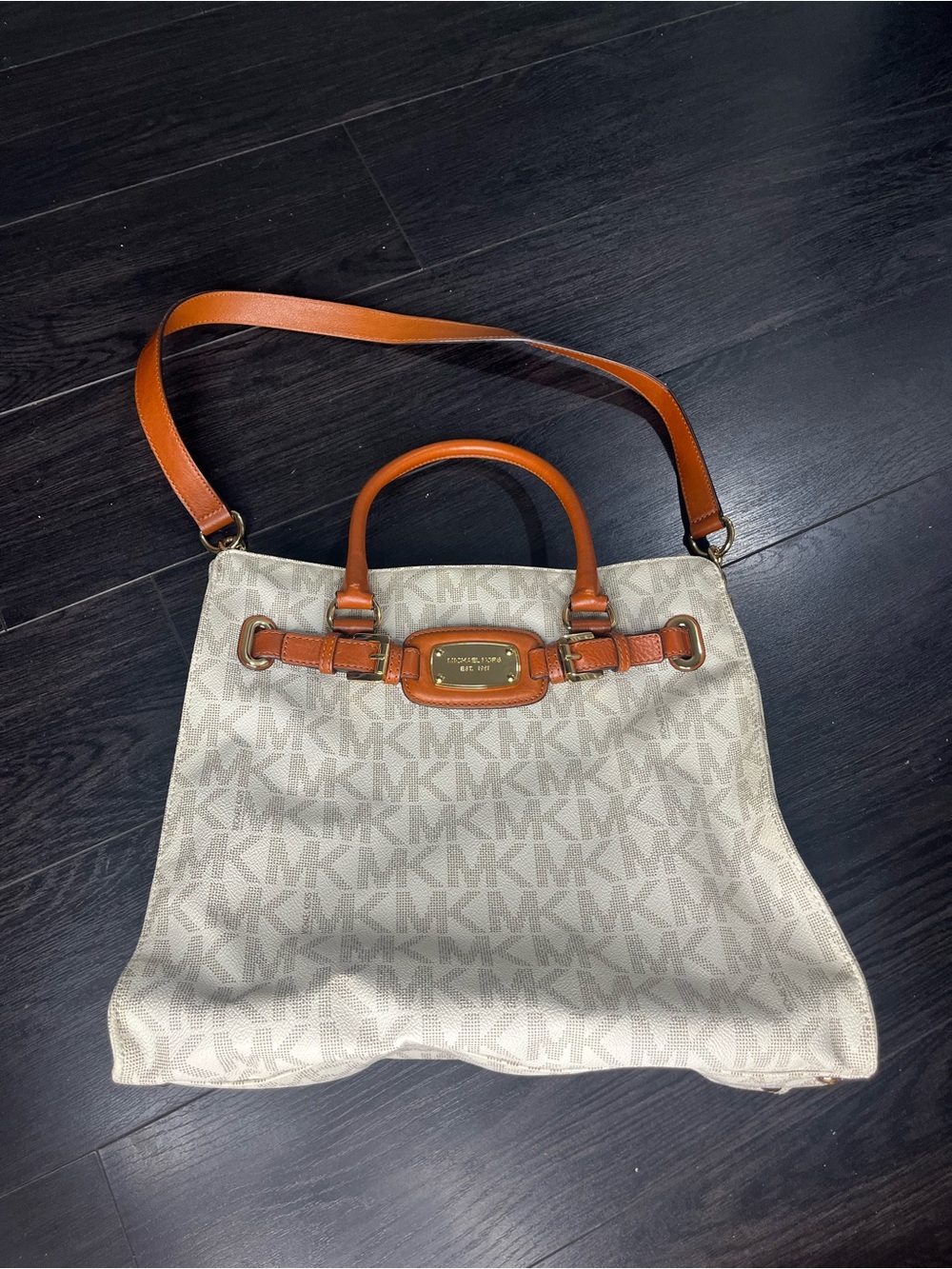 Michael Kors Beige MK Logo Tote with Brown Leather Trim
